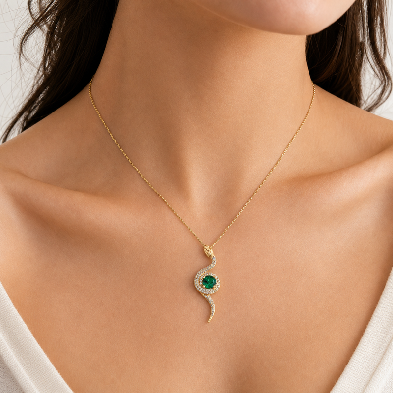 Cleo Necklace — Snake & Lab Green Stone