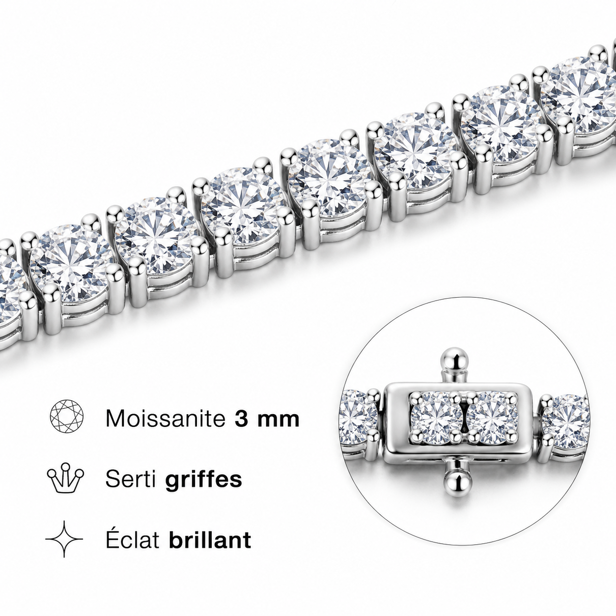 Bracelet tennis moissanite 3 mm en argent 925