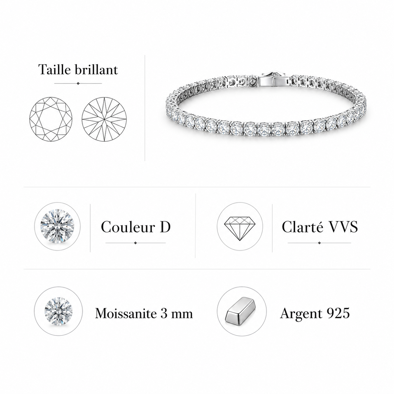 Bracelet tennis moissanite 3 mm en argent 925