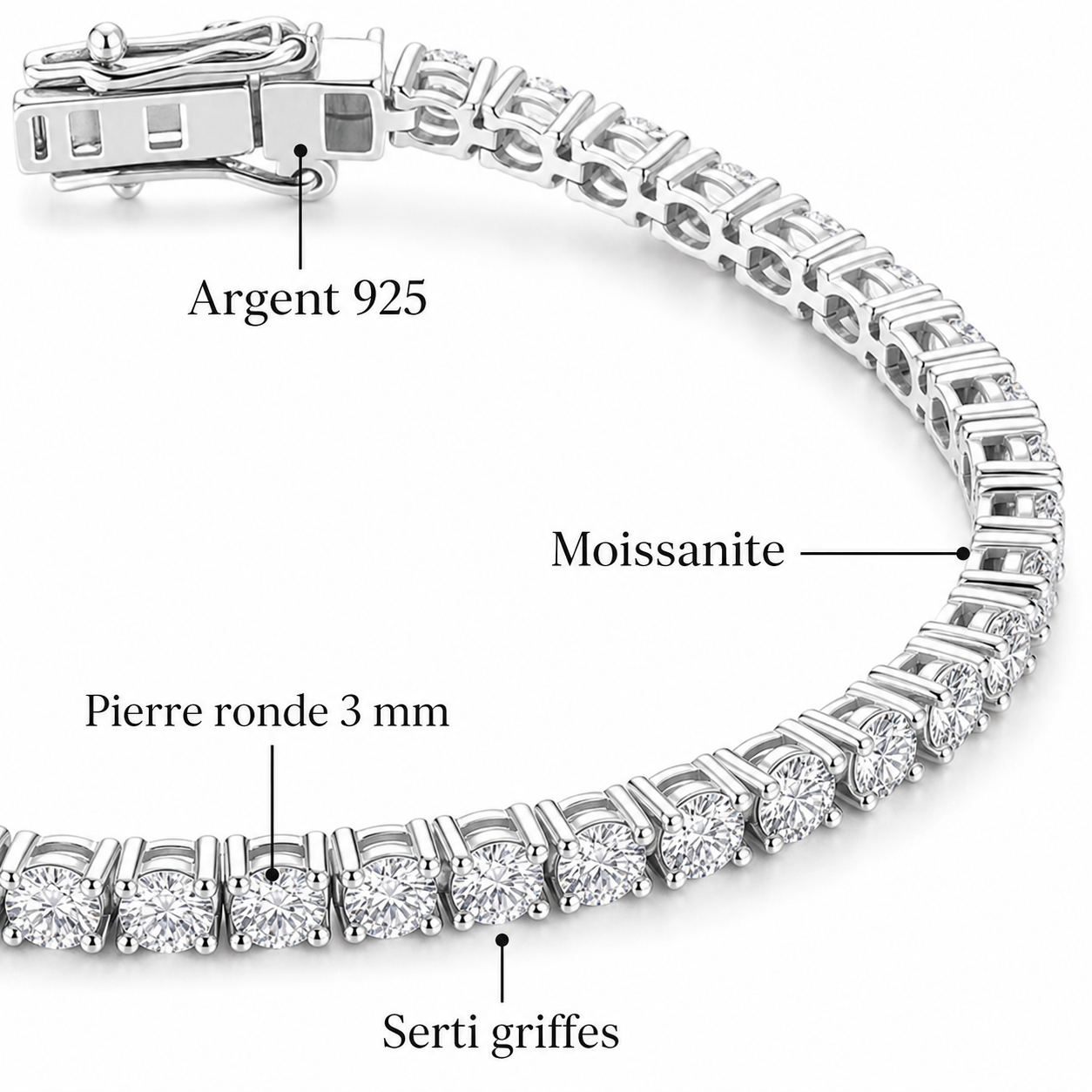 Bracelet tennis moissanite 3 mm en argent 925
