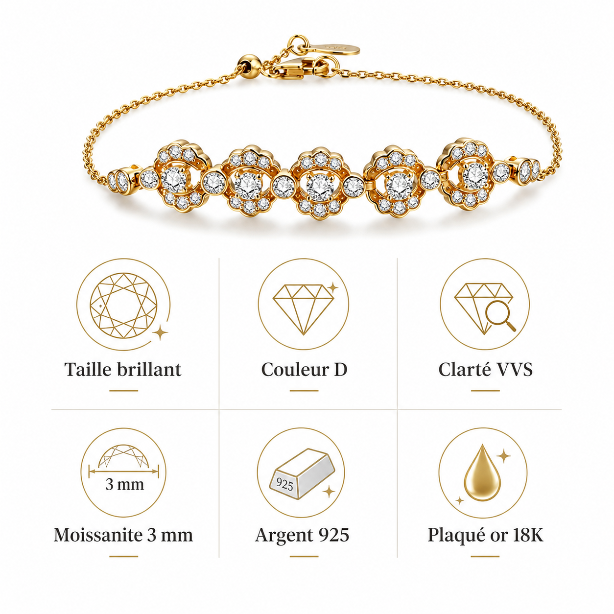 Bracelet tennis moissanite plaqué or 18K - Élégance classique